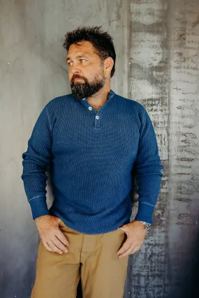 1213 Waffle Knit Long Sleeved Thermal Henley - Indigo Dyed IHTL-1213-IND
