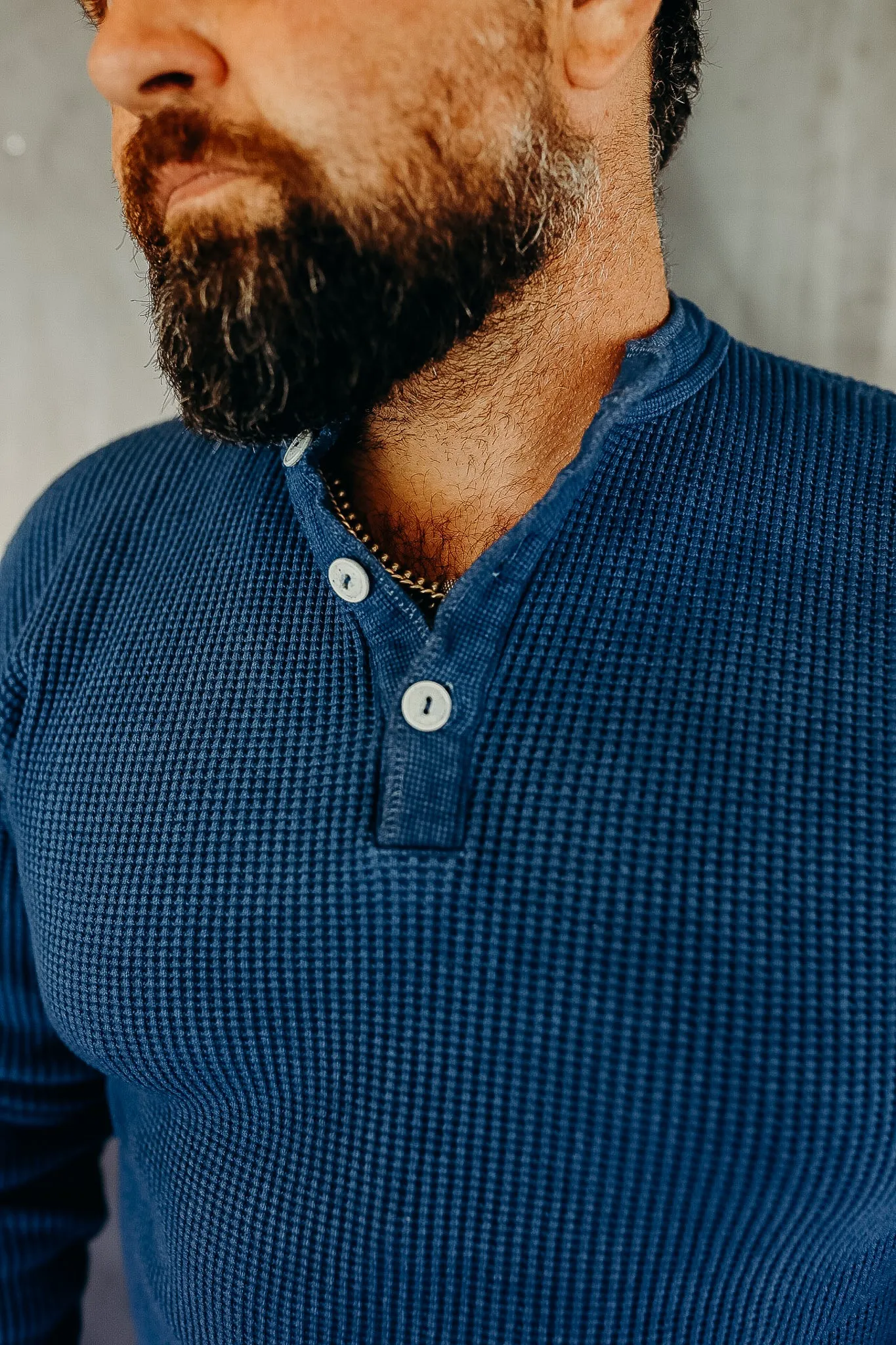 1213 Waffle Knit Long Sleeved Thermal Henley - Indigo Dyed IHTL-1213-IND