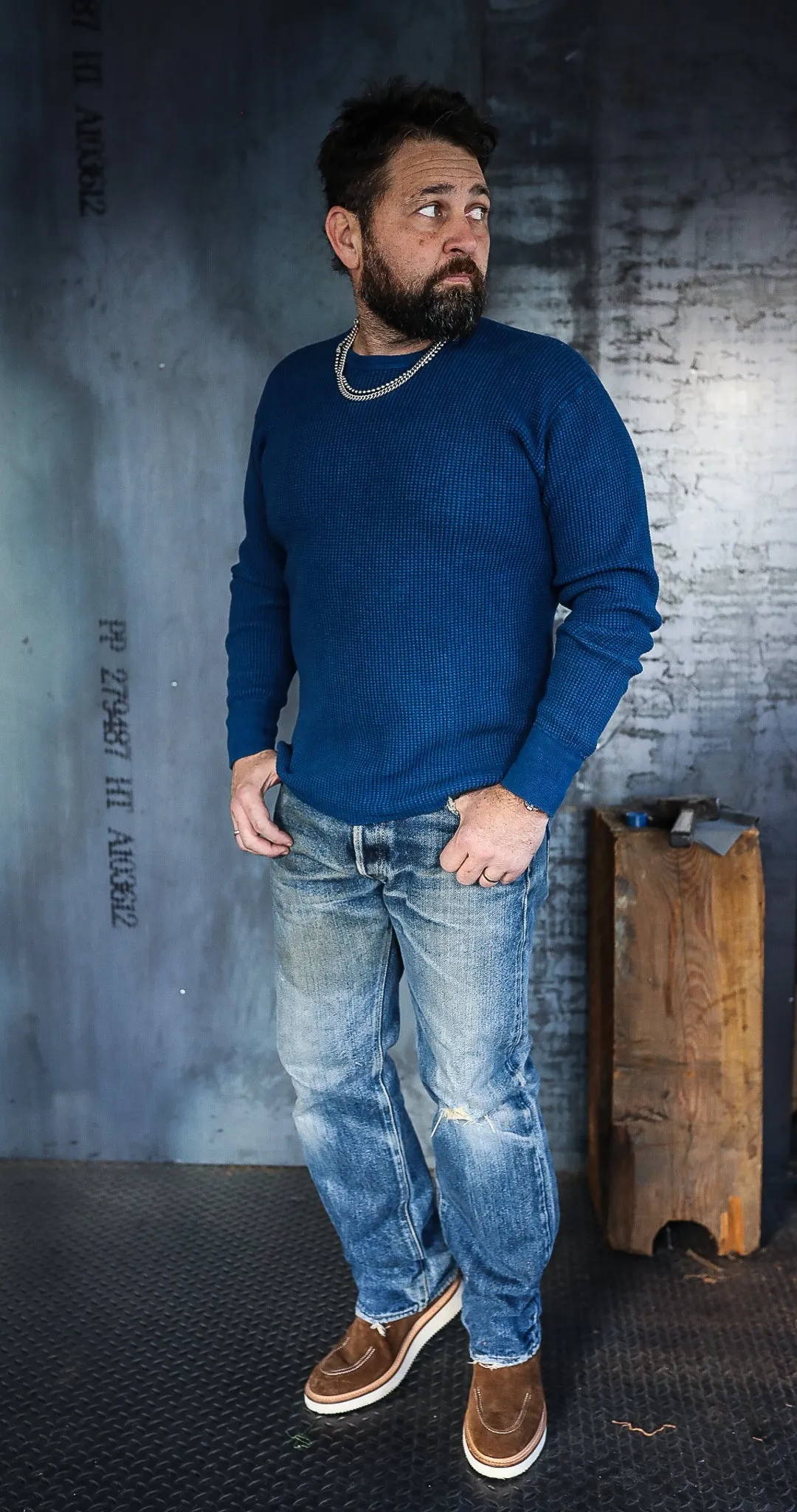 1301 Waffle Knit Long Sleeved Crew Neck Thermal Top - Indigo Dyed IHTL-1301-IND