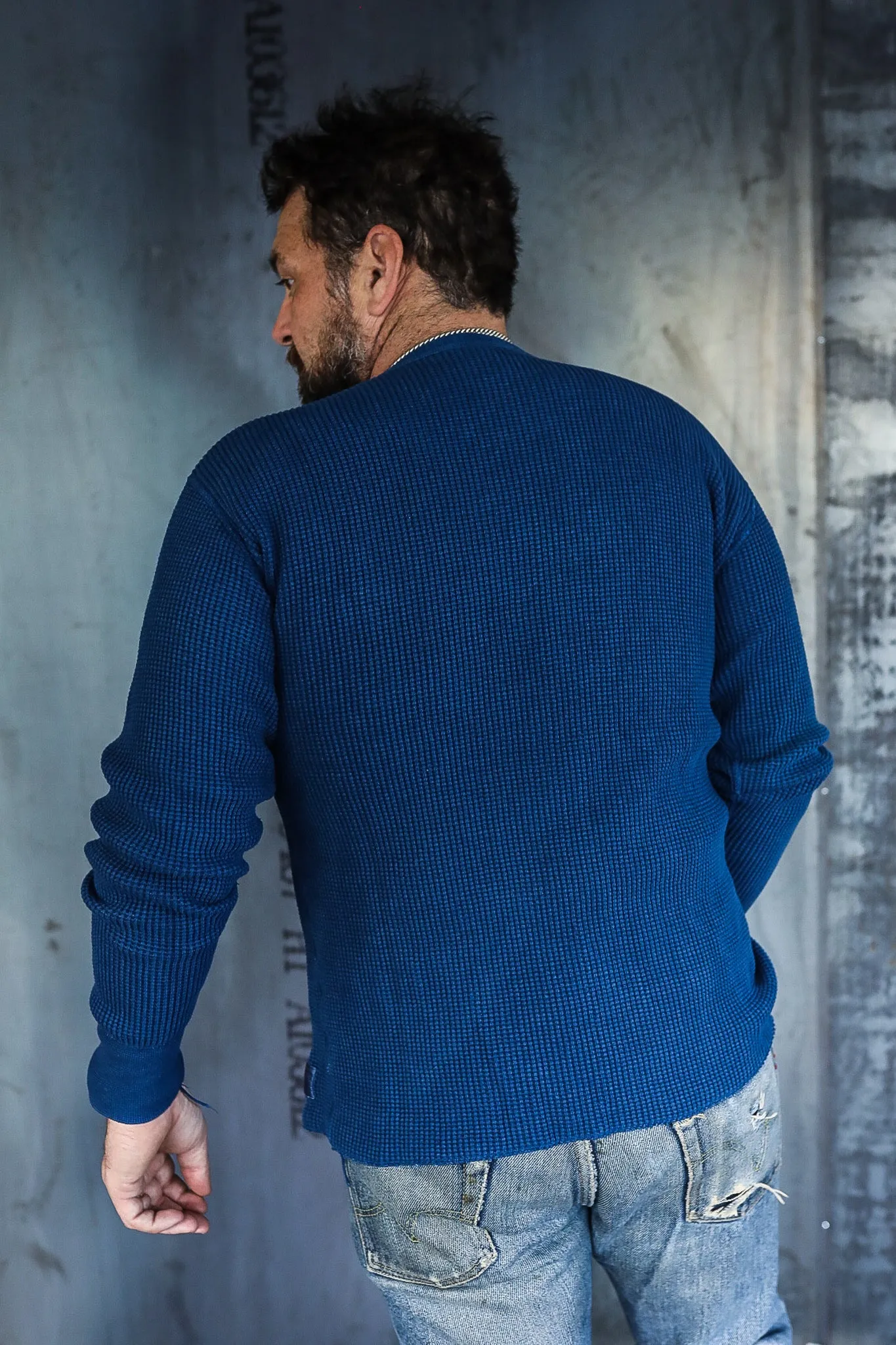 1301 Waffle Knit Long Sleeved Crew Neck Thermal Top - Indigo Dyed IHTL-1301-IND