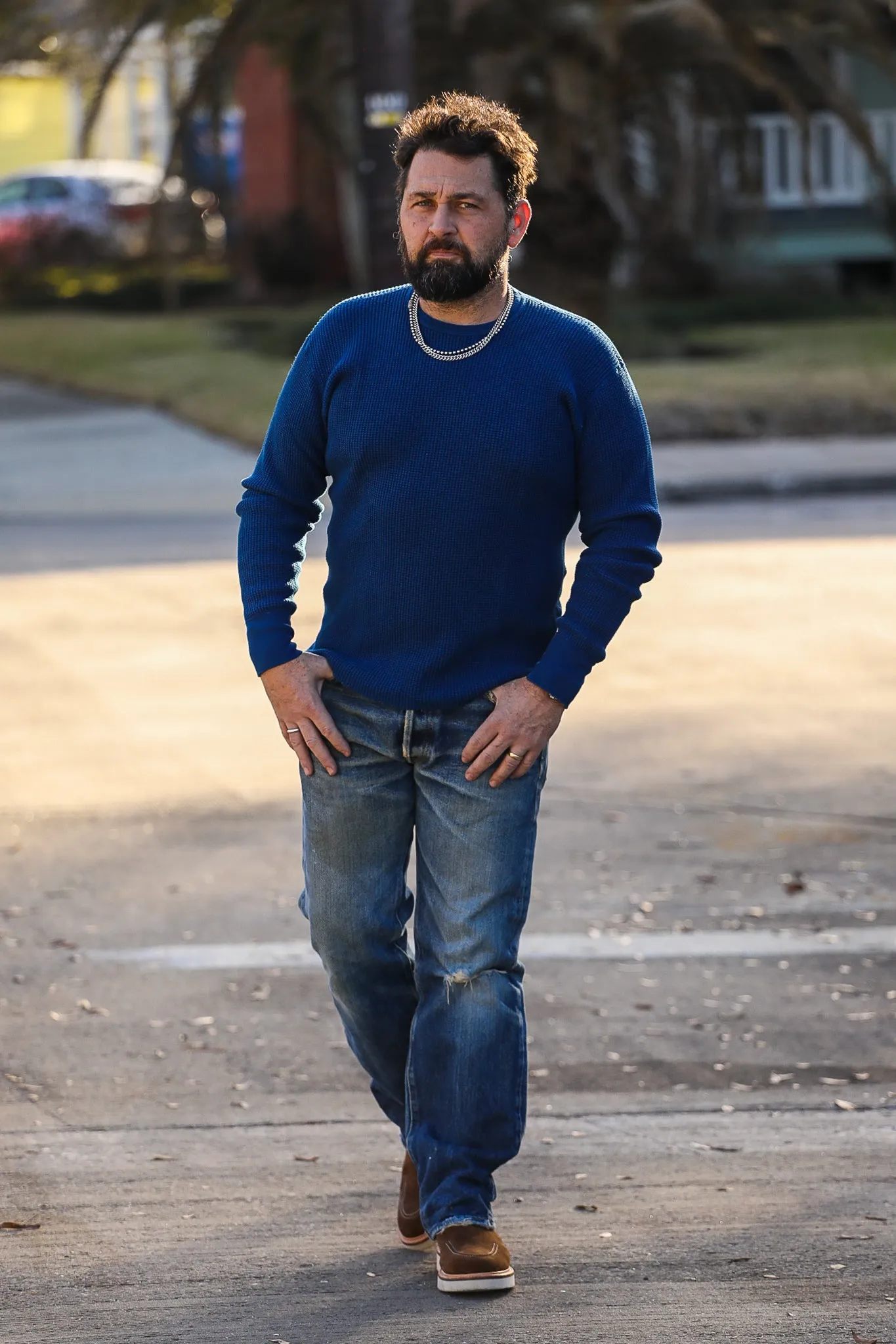 1301 Waffle Knit Long Sleeved Crew Neck Thermal Top - Indigo Dyed IHTL-1301-IND