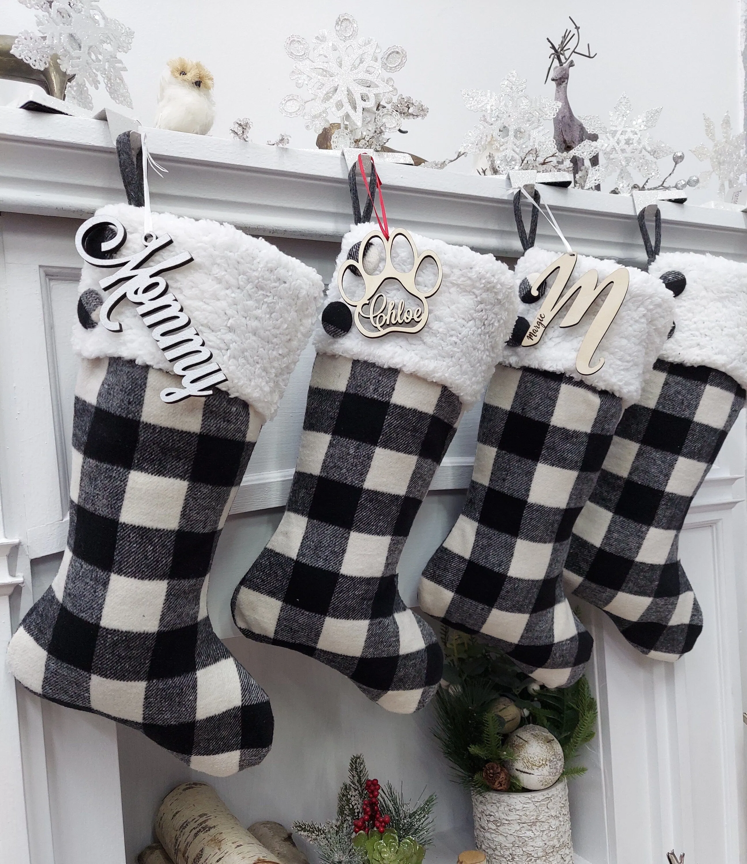 20" Black/Ivory Buffalo Plaid Christmas Stockings | Sherpa Cuff Rustic Buttons  Modern Farmhouse Tartan Personalized Embroidered Name Tag