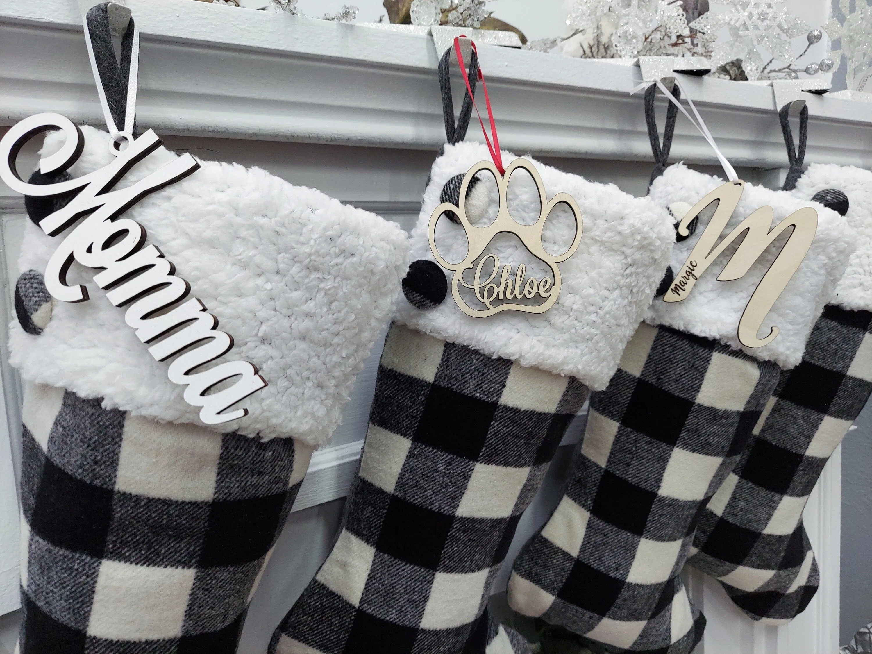20" Black/Ivory Buffalo Plaid Christmas Stockings | Sherpa Cuff Rustic Buttons  Modern Farmhouse Tartan Personalized Embroidered Name Tag