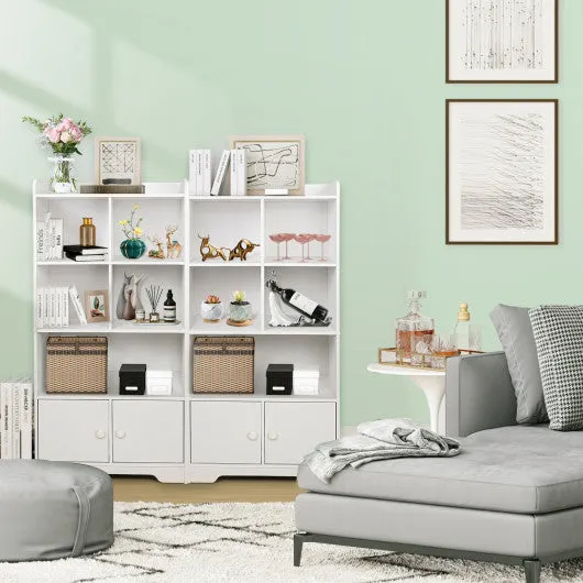 4 Tiers Bookshelf with 4 Cubes Display Shelf and 2 Doors-White