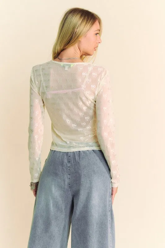 Bow Mesh Long Sleeve Top Cream