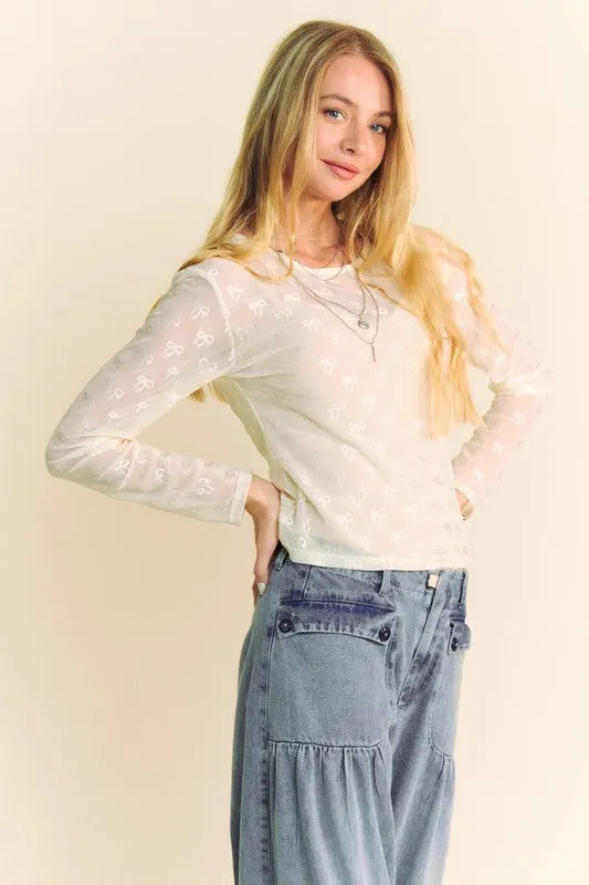 Bow Mesh Long Sleeve Top Cream