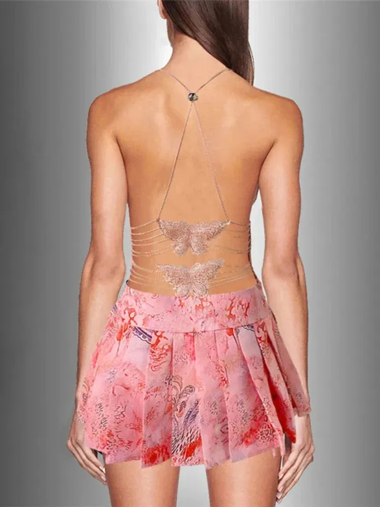 Butterfly Backless Pleated Mini Dress Y2k Summer Dresses Sexy Club Outfit for Women Trending Clothing 2024 C71-FC26
