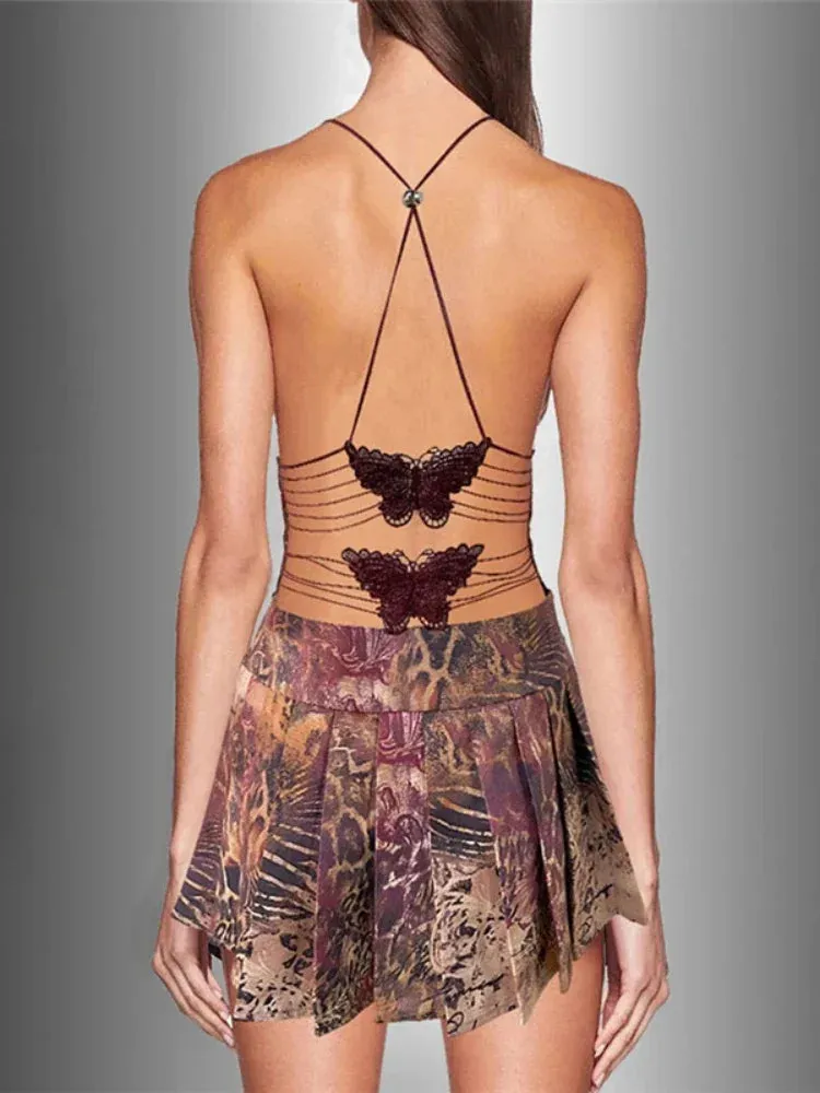 Butterfly Backless Pleated Mini Dress Y2k Summer Dresses Sexy Club Outfit for Women Trending Clothing 2024 C71-FC26