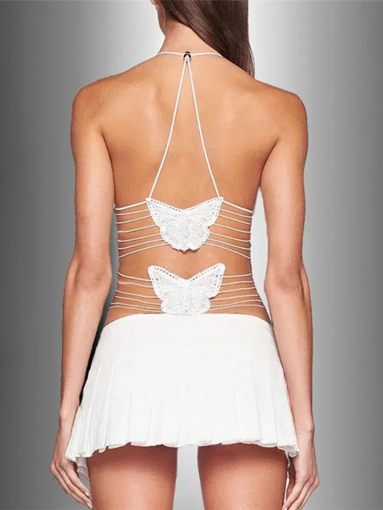 Butterfly Backless Pleated Mini Dress Y2k Summer Dresses Sexy Club Outfit for Women Trending Clothing 2024 C71-FC26
