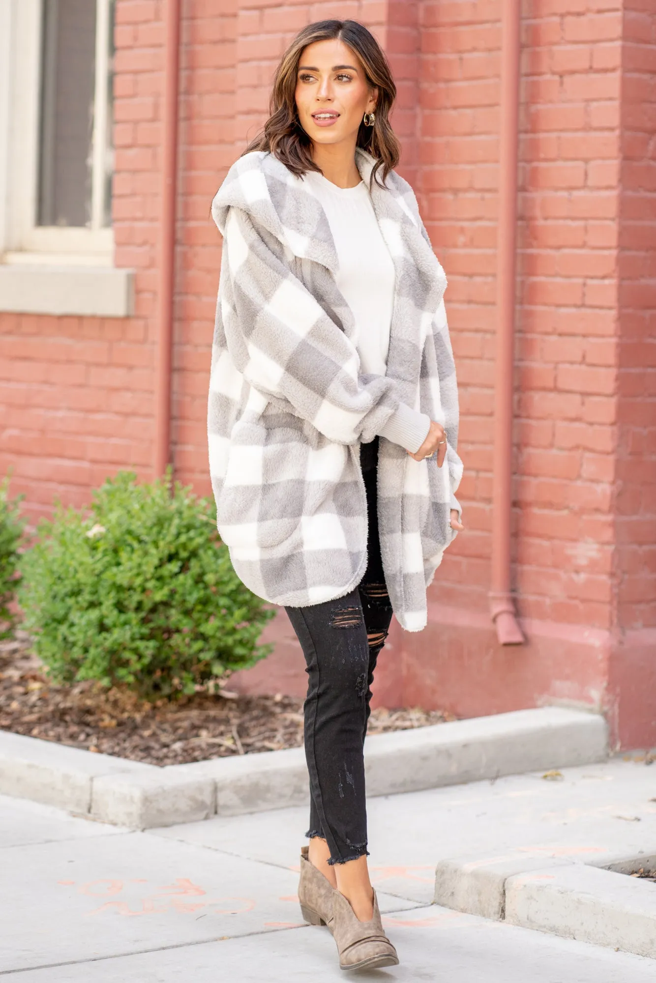 Check Print Cozy Sherpa Jacket White