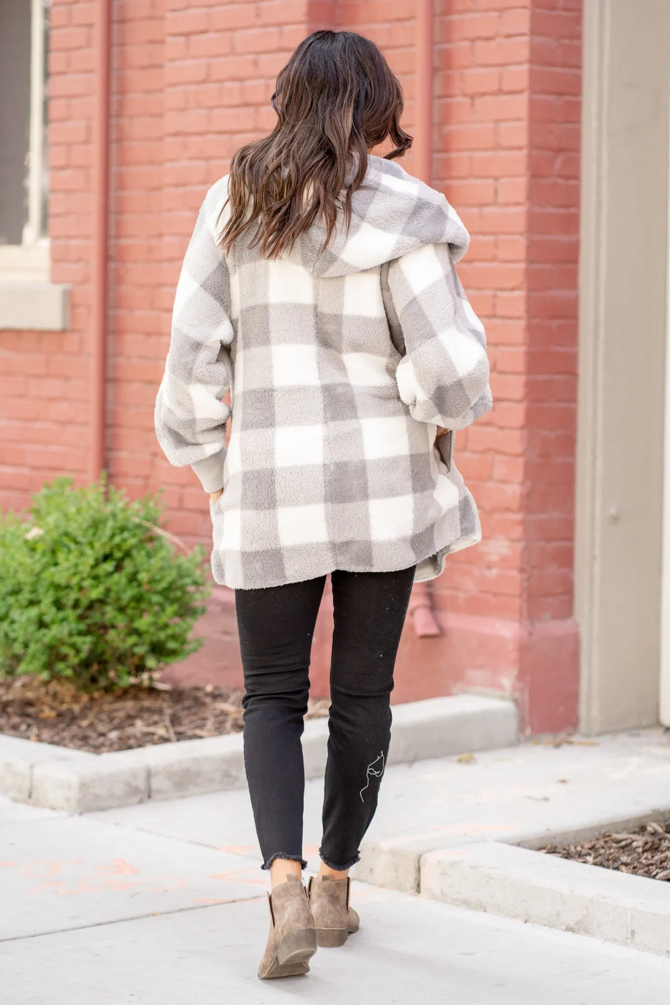 Check Print Cozy Sherpa Jacket White