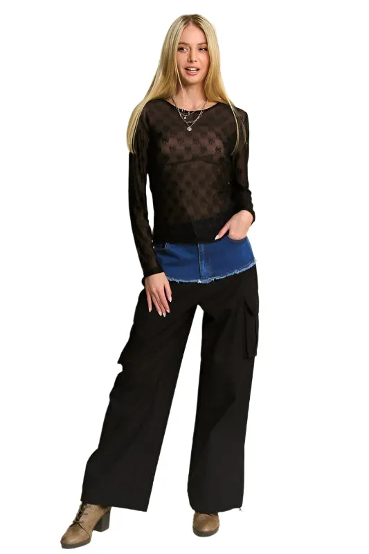 Davi & Dani Bow Mesh Round Neck Long Sleeve Top