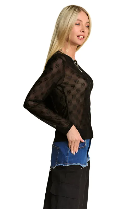 Davi & Dani Bow Mesh Round Neck Long Sleeve Top