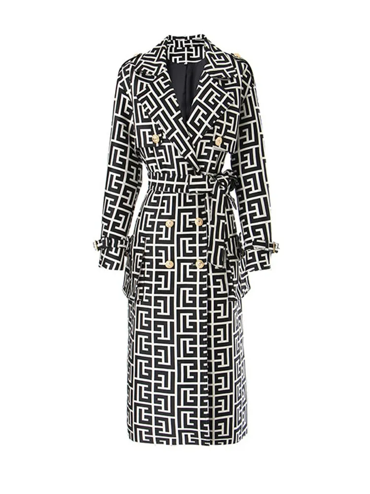 Designer Women's Lion Buttons Geometrical Monogram Jacquard Belted Trench OverCoat