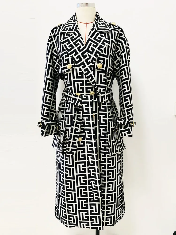 Designer Women's Lion Buttons Geometrical Monogram Jacquard Belted Trench OverCoat