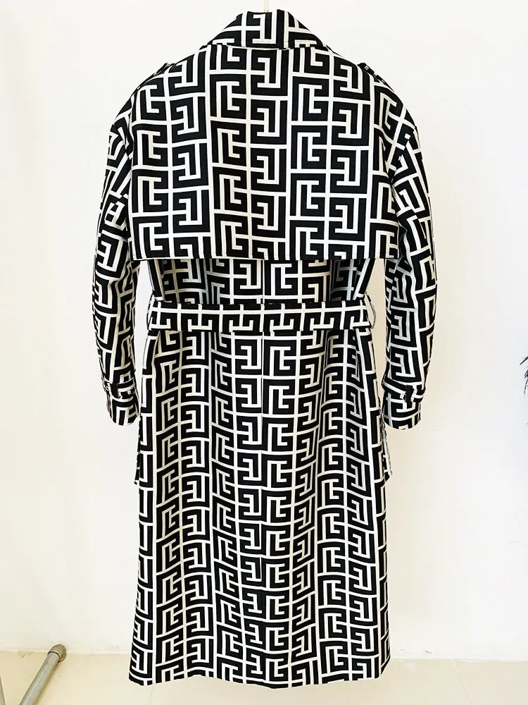 Designer Women's Lion Buttons Geometrical Monogram Jacquard Belted Trench OverCoat