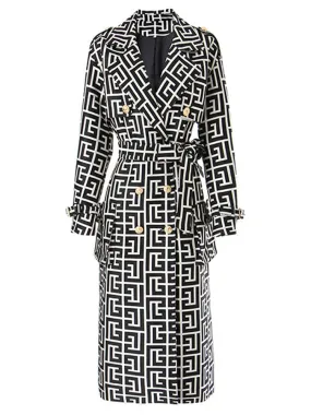 Designer Women's Lion Buttons Geometrical Monogram Jacquard Belted Trench OverCoat