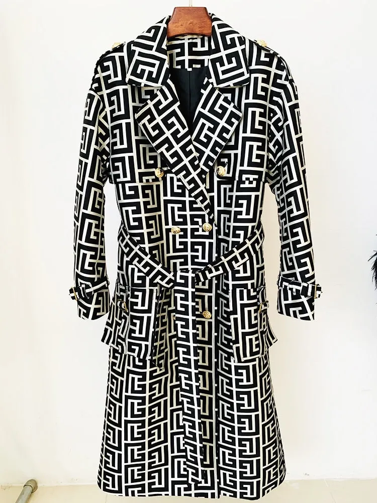 Designer Women's Lion Buttons Geometrical Monogram Jacquard Belted Trench OverCoat