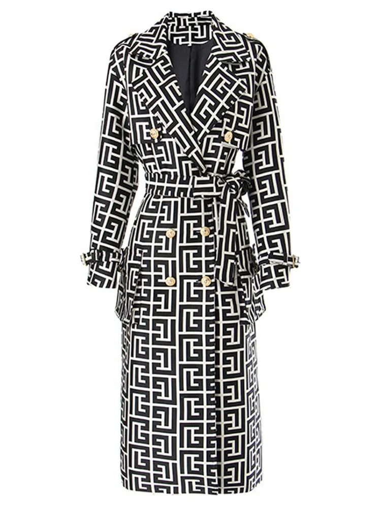 Designer Women's Lion Buttons Geometrical Monogram Jacquard Belted Trench OverCoat
