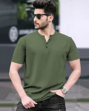 Half Sleeve Henley Neck Plain T-shirt / Olive Green