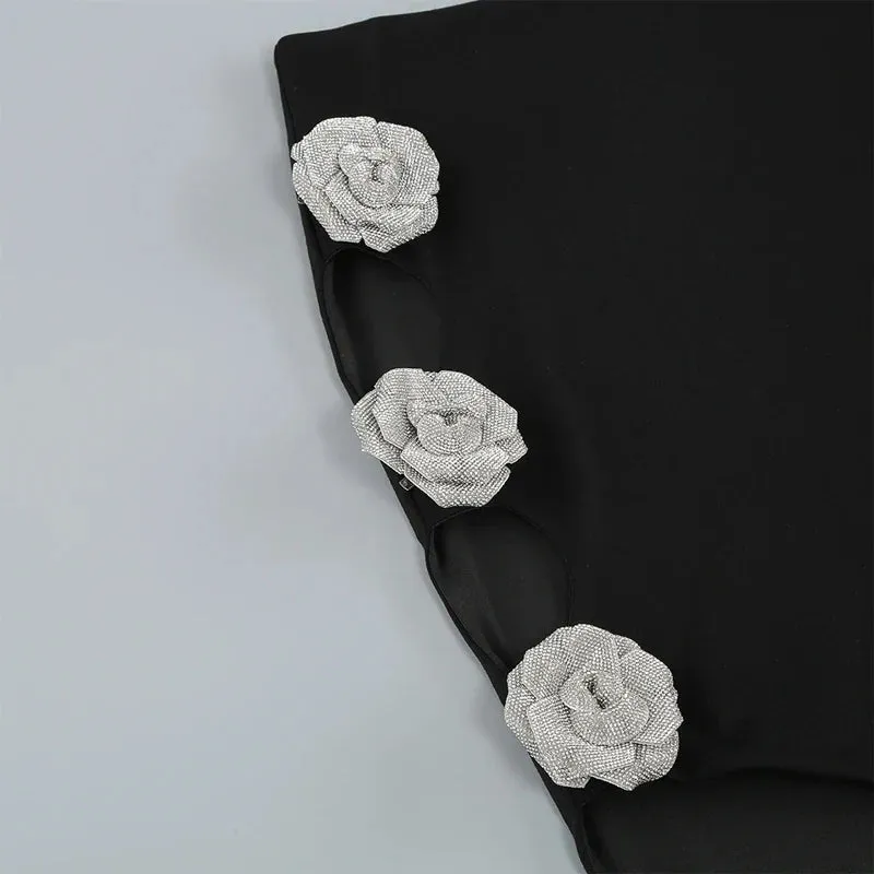 Hnzxzm Fashionable party dress with 3D floral suspender, luxurious solid color suspender, two-piece evening dress set