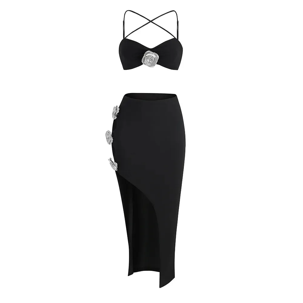 Hnzxzm Fashionable party dress with 3D floral suspender, luxurious solid color suspender, two-piece evening dress set