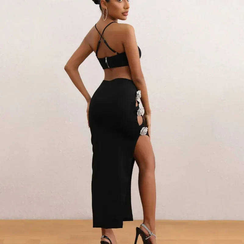 Hnzxzm Fashionable party dress with 3D floral suspender, luxurious solid color suspender, two-piece evening dress set