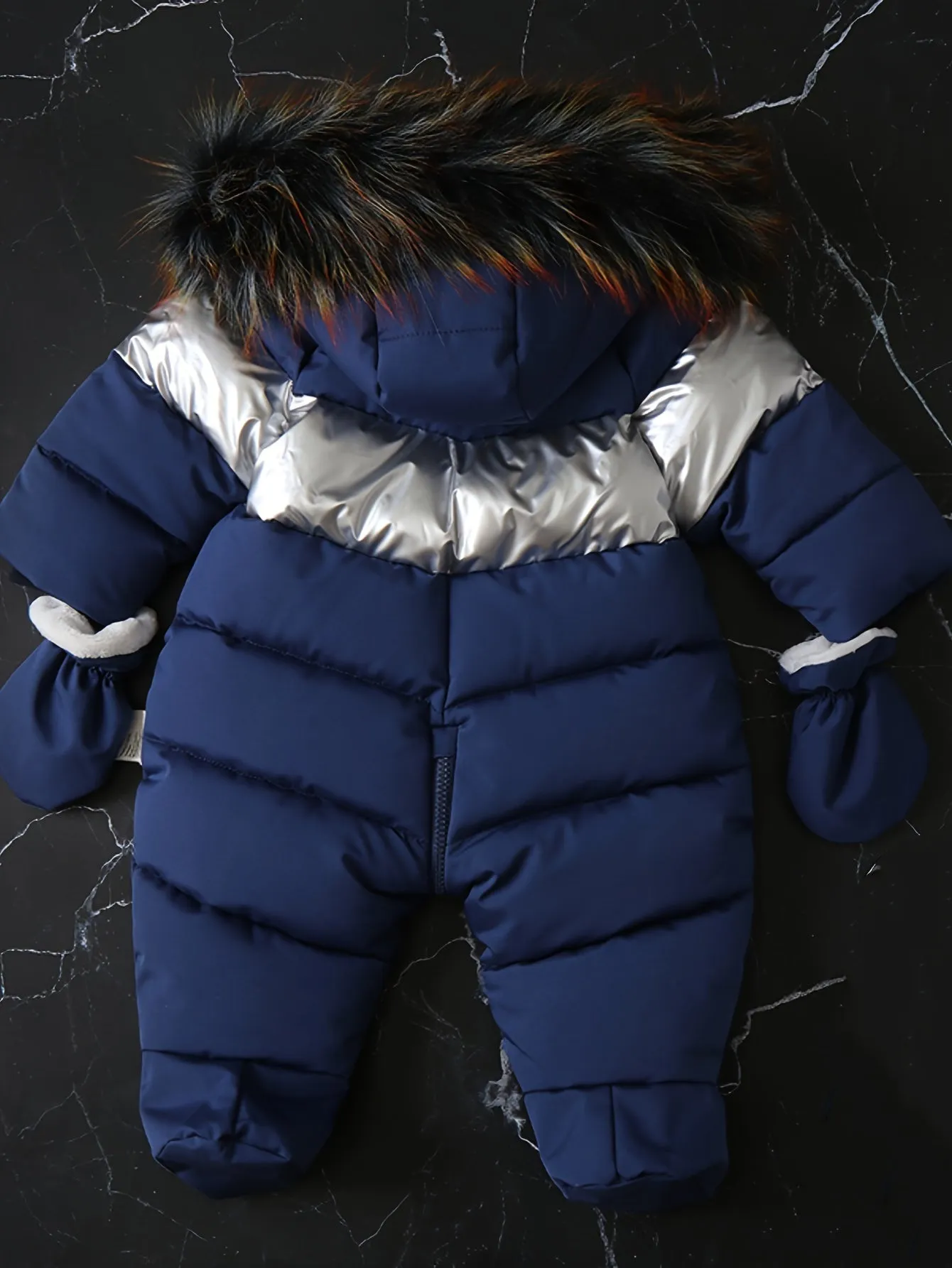 Hooded colorblock fleece baby jumpsuit