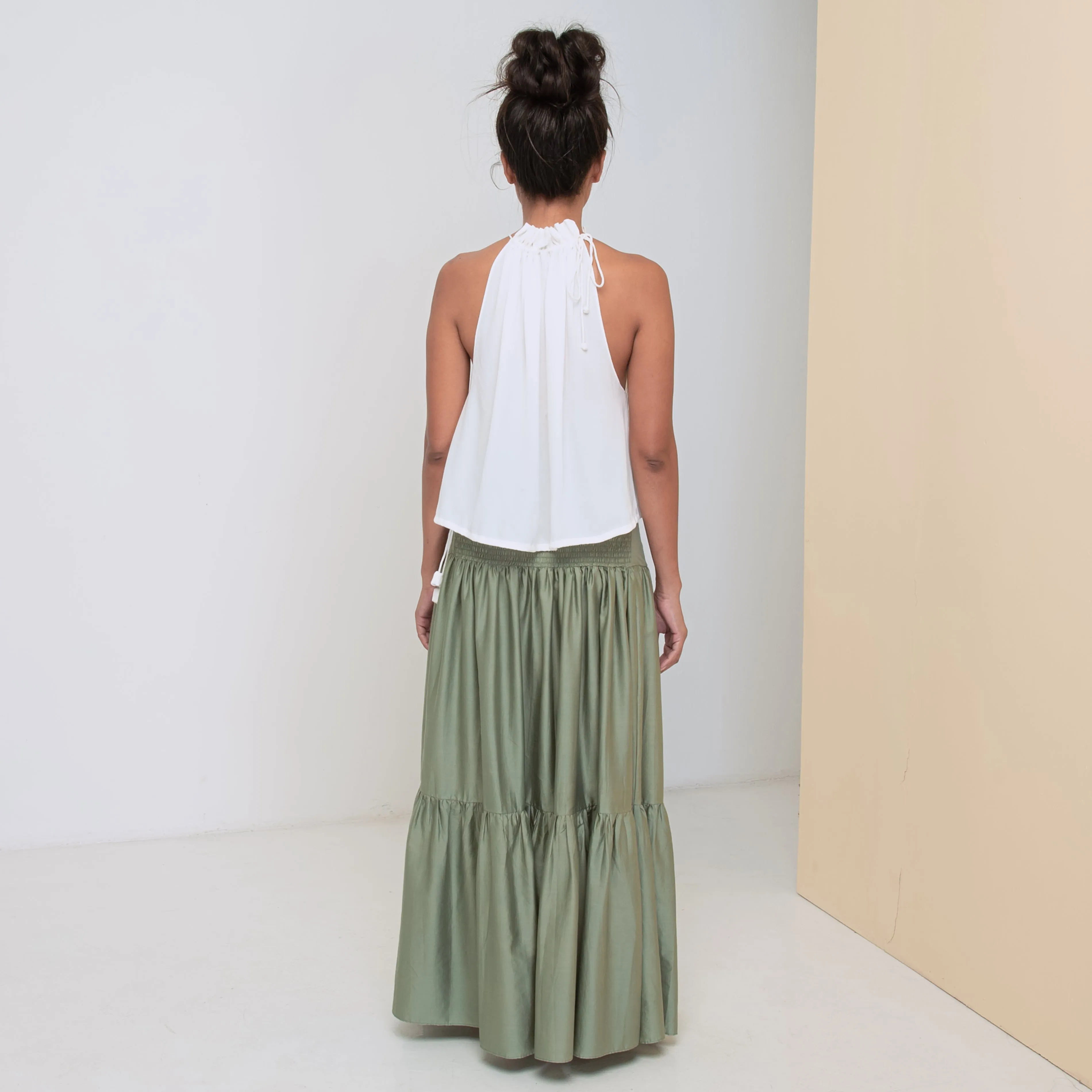 LONG VOLANTS SKIRT - Cotton Sateen | Light Olive Green