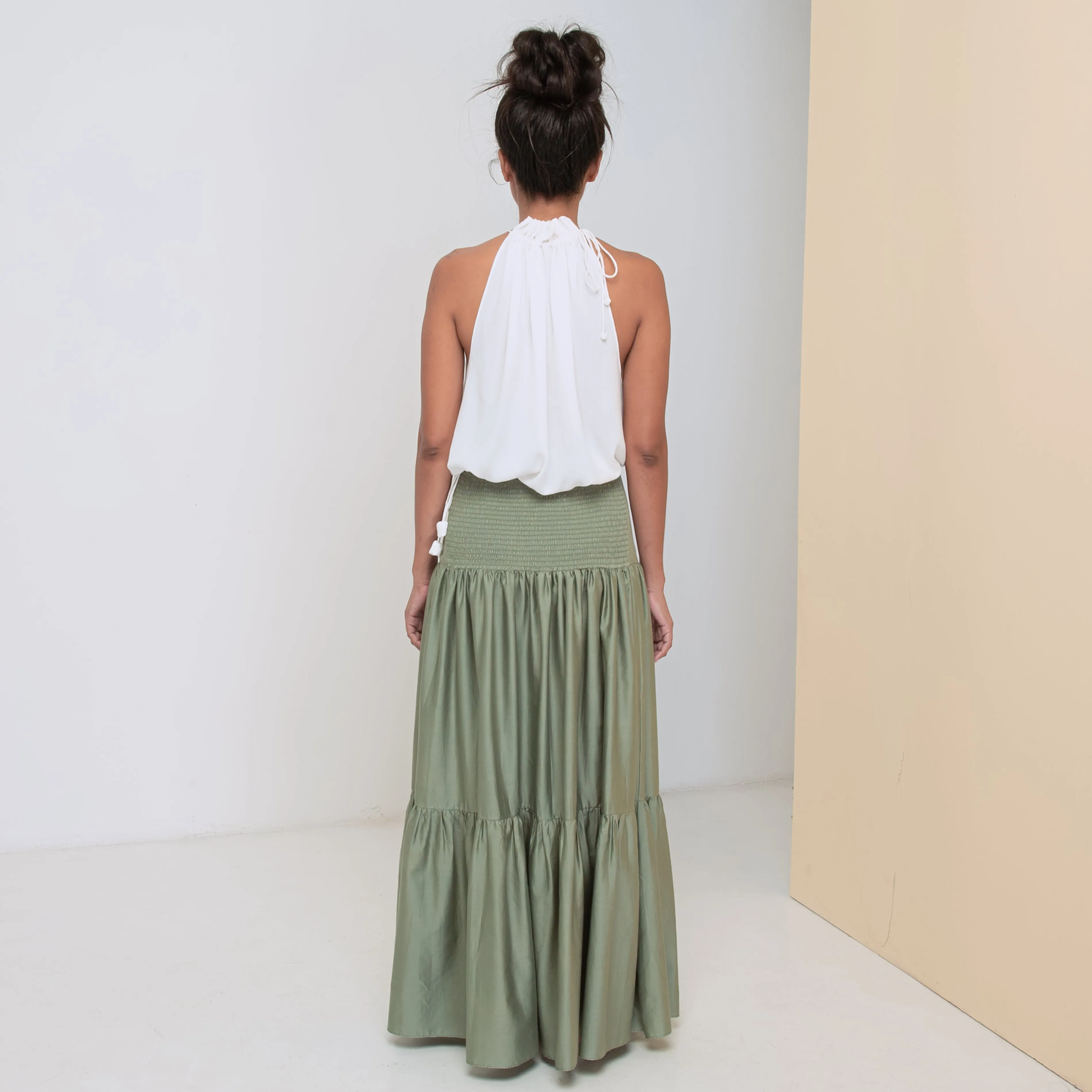 LONG VOLANTS SKIRT - Cotton Sateen | Light Olive Green