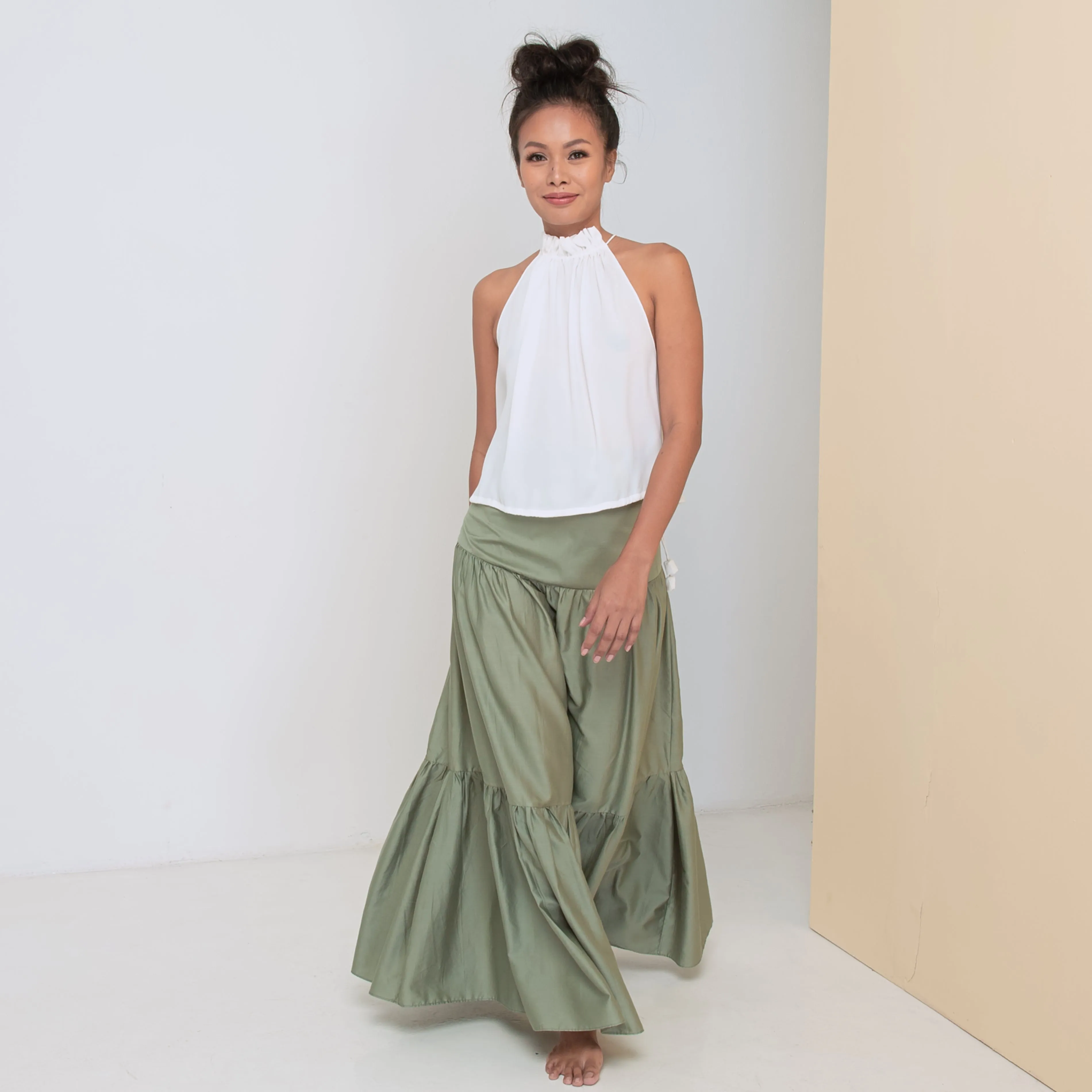 LONG VOLANTS SKIRT - Cotton Sateen | Light Olive Green