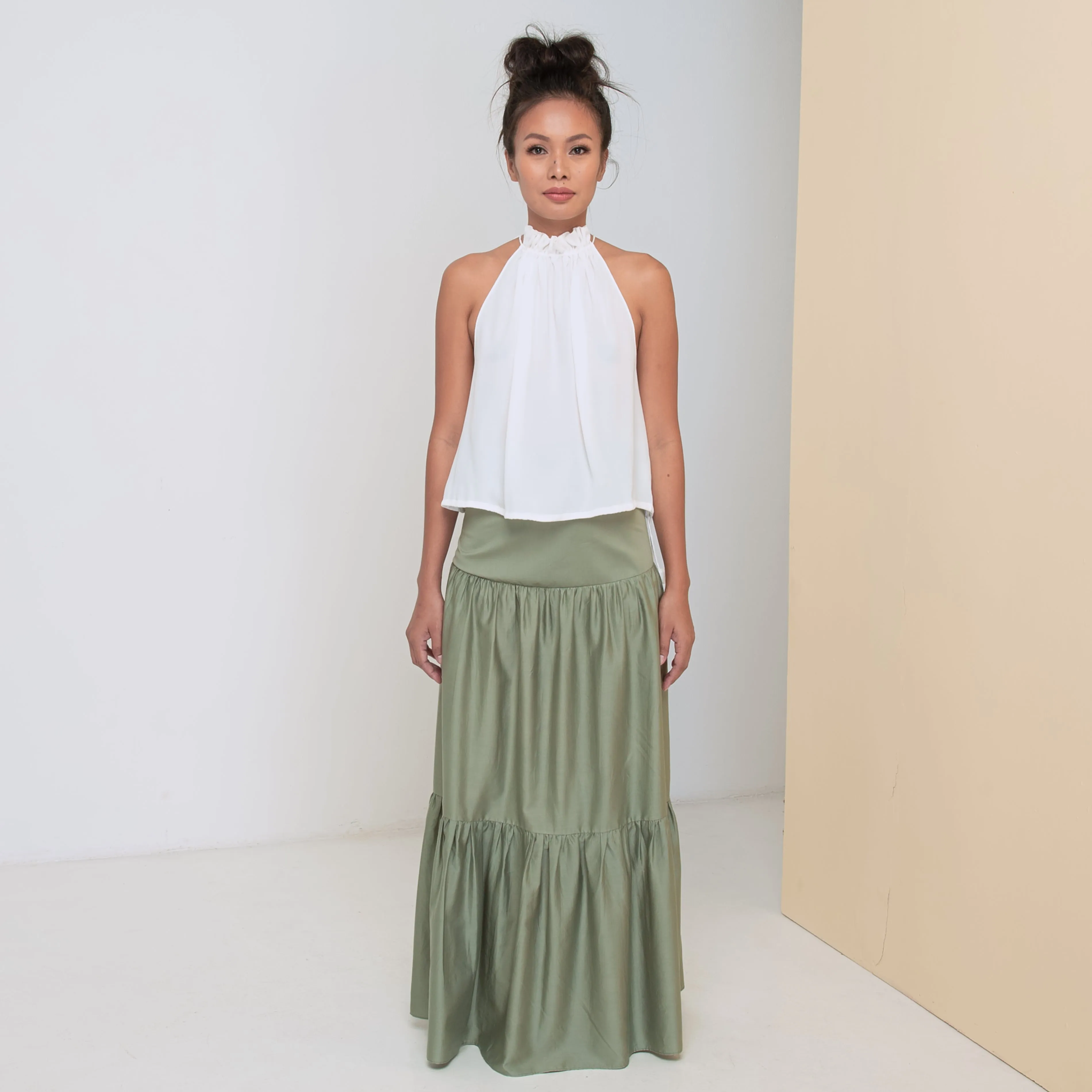 LONG VOLANTS SKIRT - Cotton Sateen | Light Olive Green