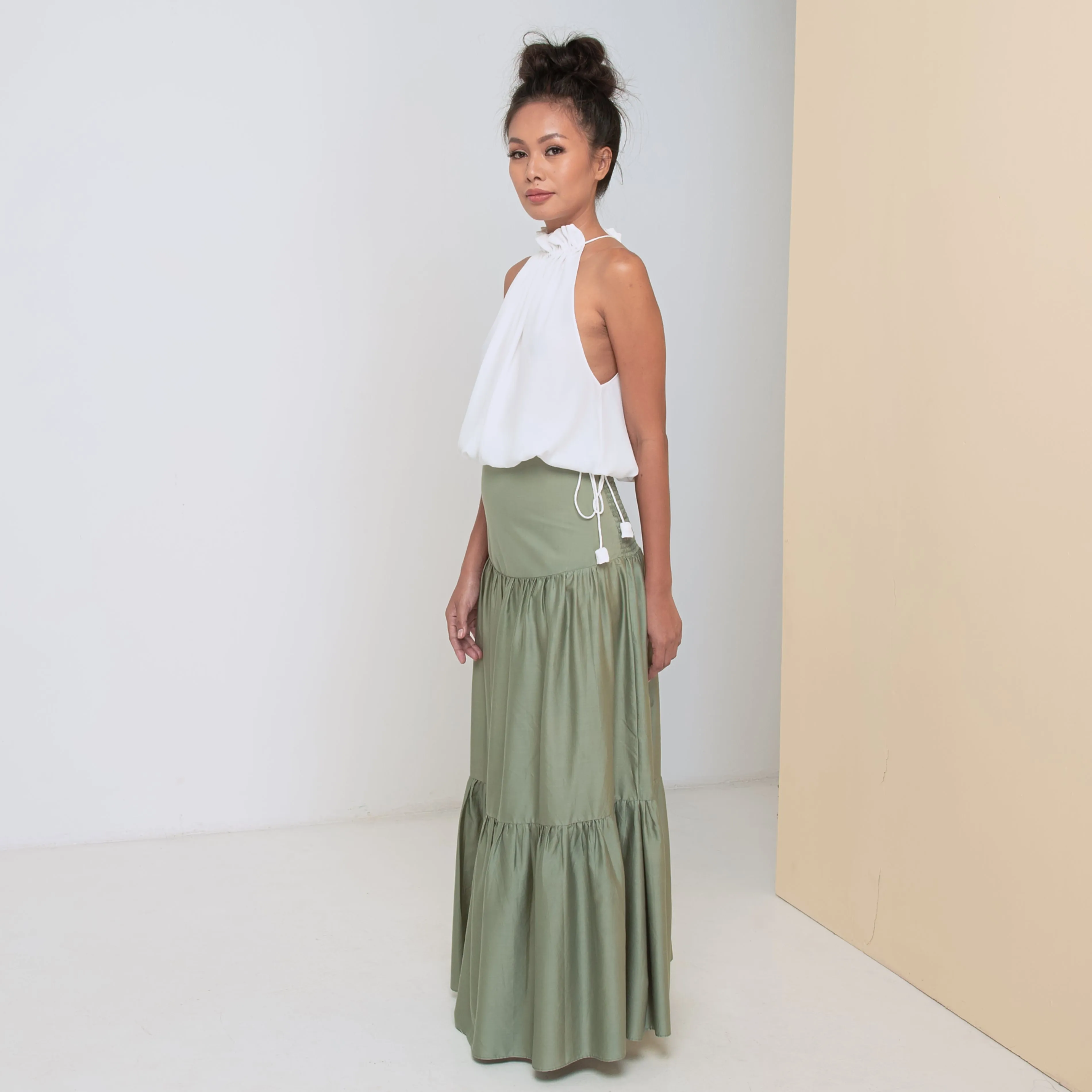 LONG VOLANTS SKIRT - Cotton Sateen | Light Olive Green