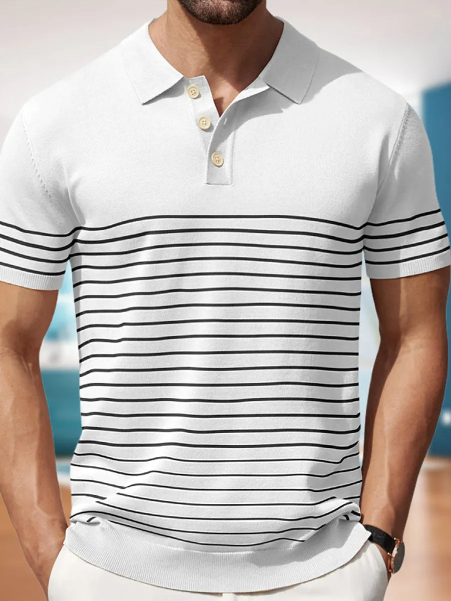 Men's High-end Contrast Color Striped Needle Icy Silk Business Casual Sweater Polo Shirt