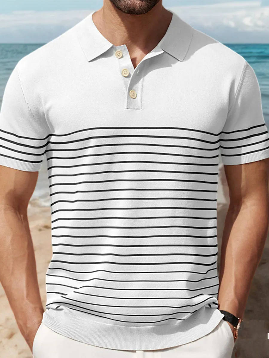 Men's High-end Contrast Color Striped Needle Icy Silk Business Casual Sweater Polo Shirt