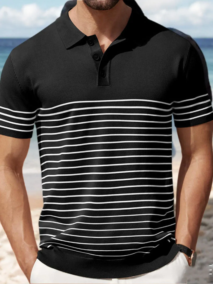 Men's High-end Contrast Color Striped Needle Icy Silk Business Casual Sweater Polo Shirt