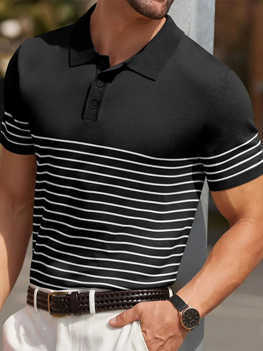Men's High-end Contrast Color Striped Needle Icy Silk Business Casual Sweater Polo Shirt