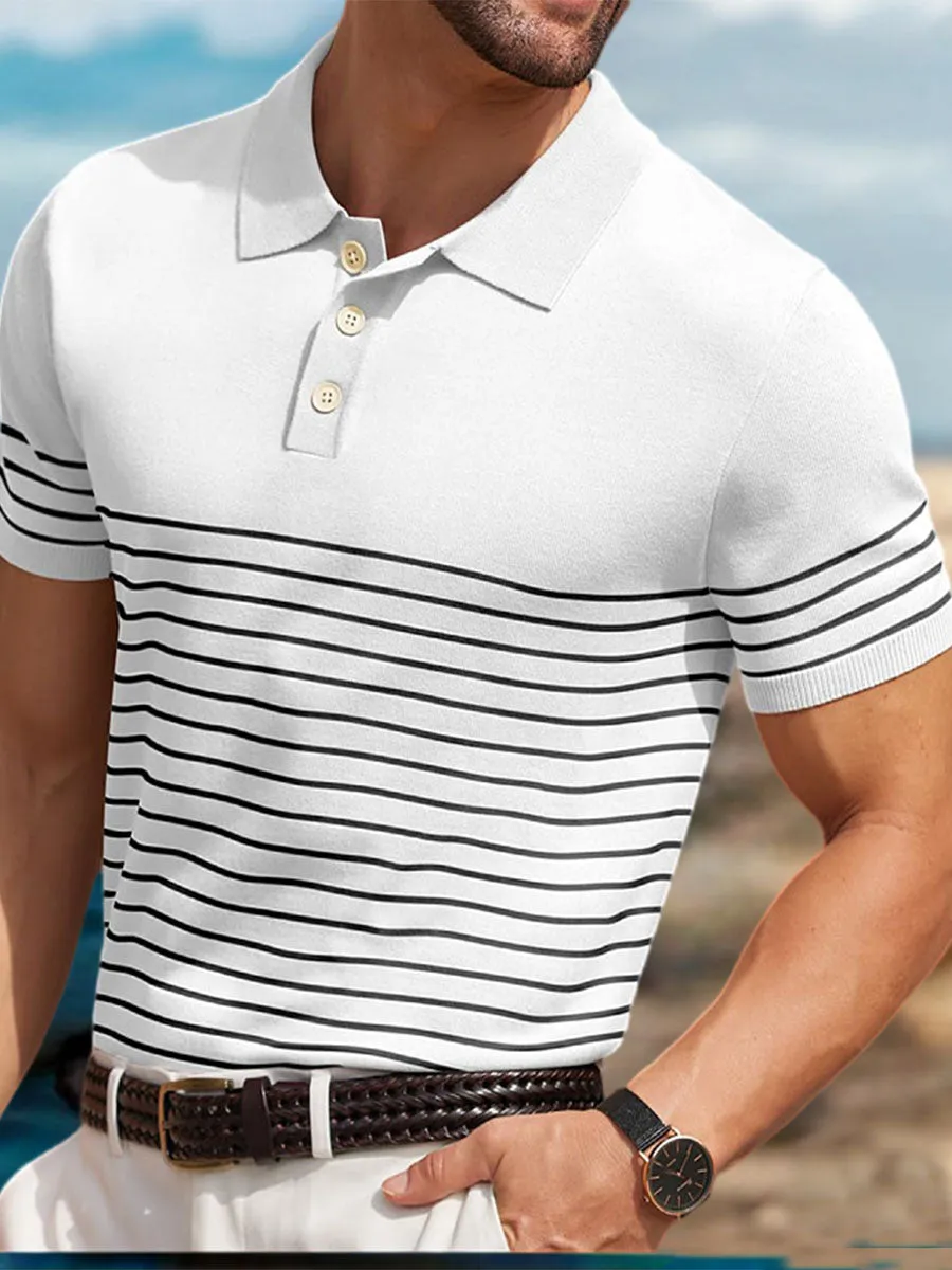 Men's High-end Contrast Color Striped Needle Icy Silk Business Casual Sweater Polo Shirt