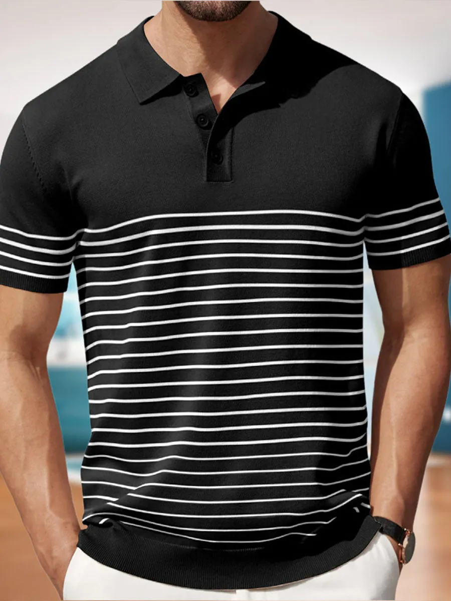 Men's High-end Contrast Color Striped Needle Icy Silk Business Casual Sweater Polo Shirt
