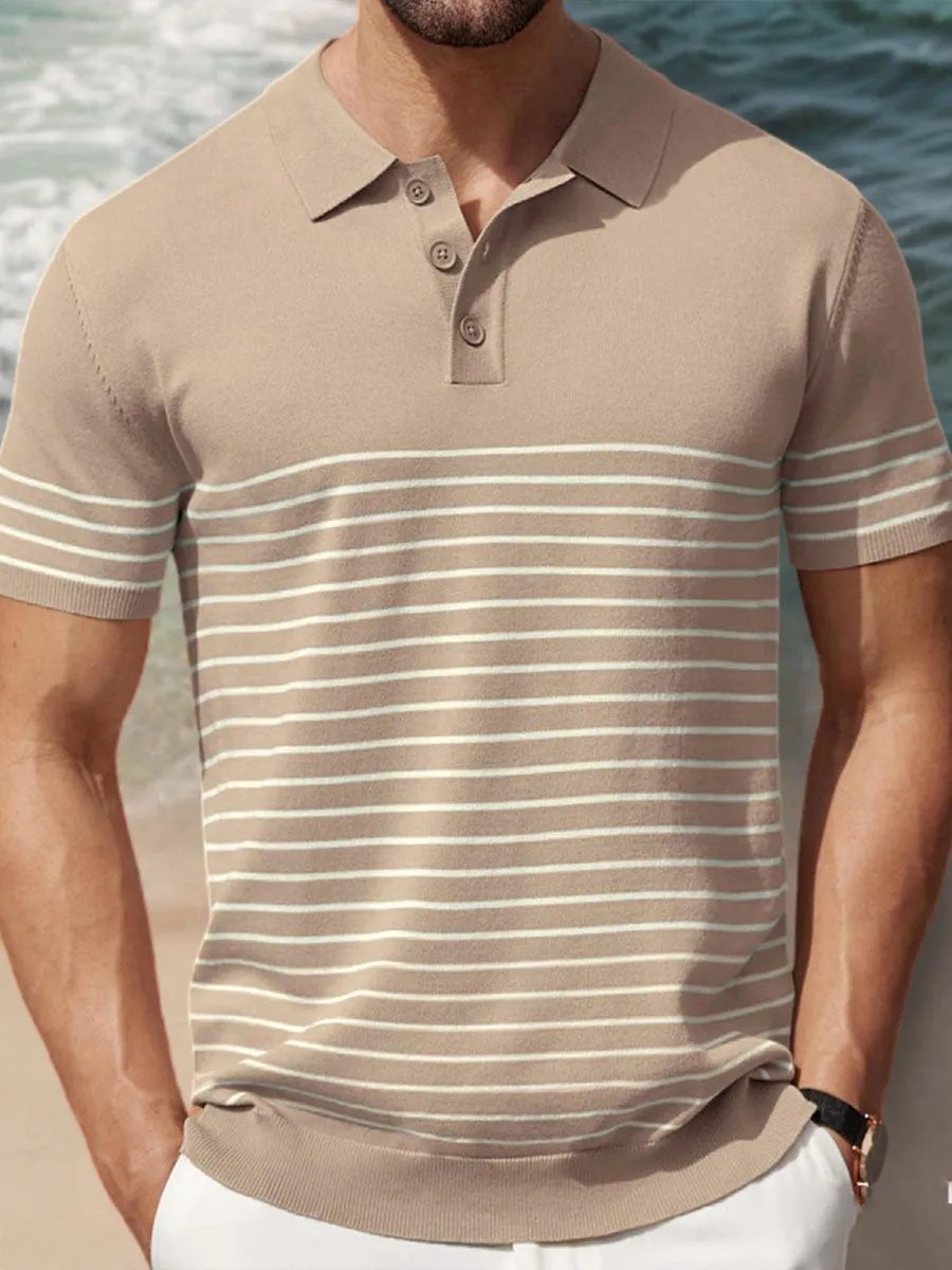Men's High-end Contrast Color Striped Needle Icy Silk Business Casual Sweater Polo Shirt