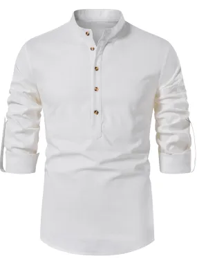 Men's Solid Color Long Sleeve Henley Collar Button Casual Shirt
