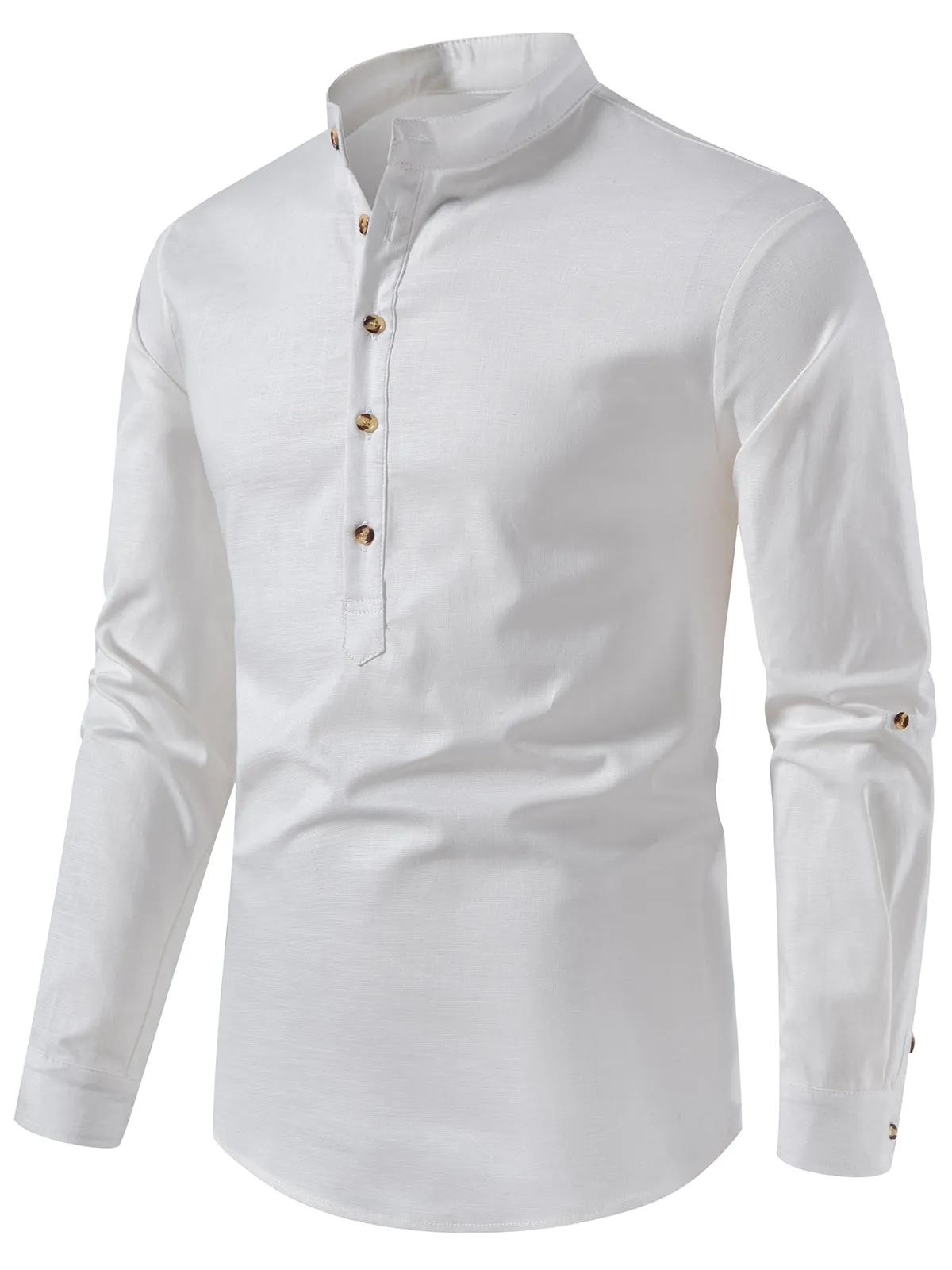 Men's Solid Color Long Sleeve Henley Collar Button Casual Shirt