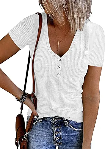 MEROKEETY Short Sleeve V Neck Ribbed Button Top