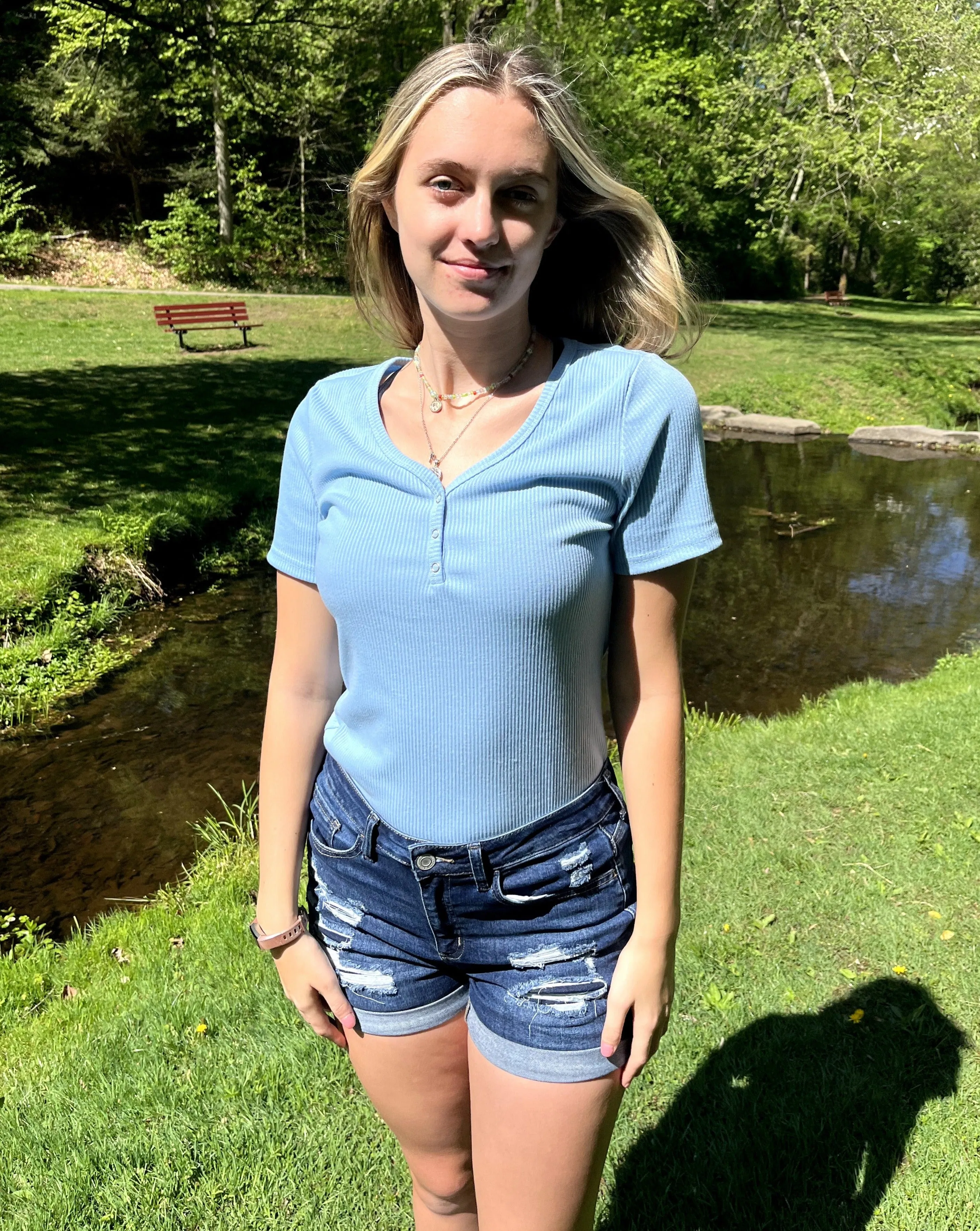 MEROKEETY Short Sleeve V Neck Ribbed Button Top