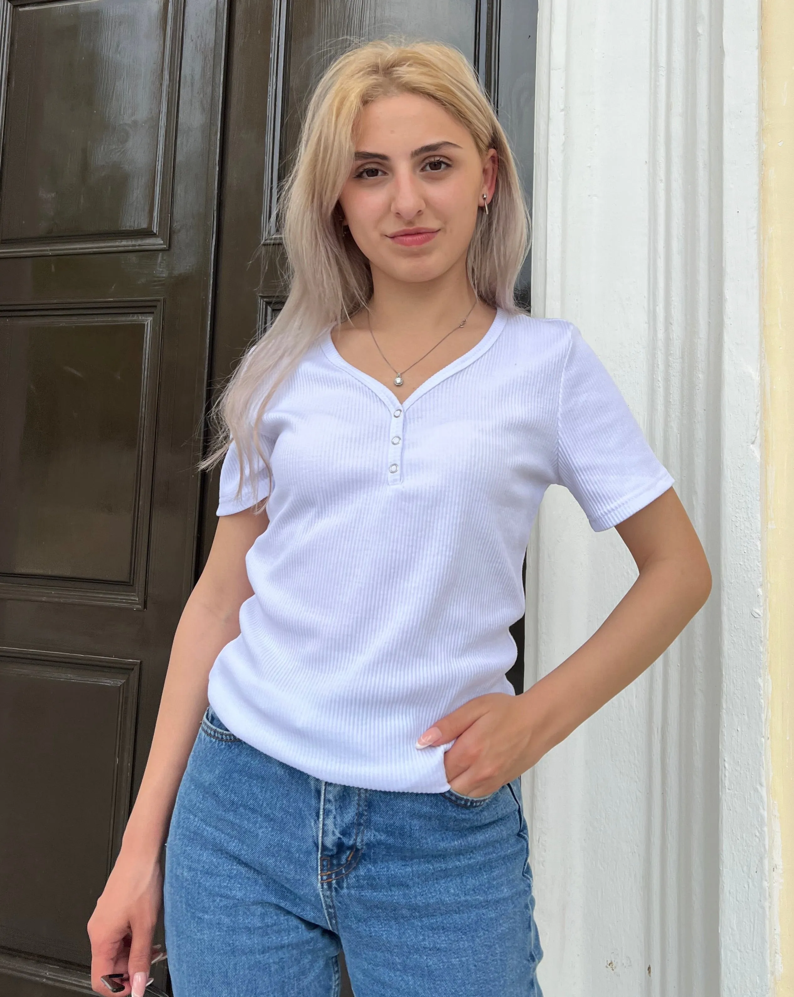 MEROKEETY Short Sleeve V Neck Ribbed Button Top