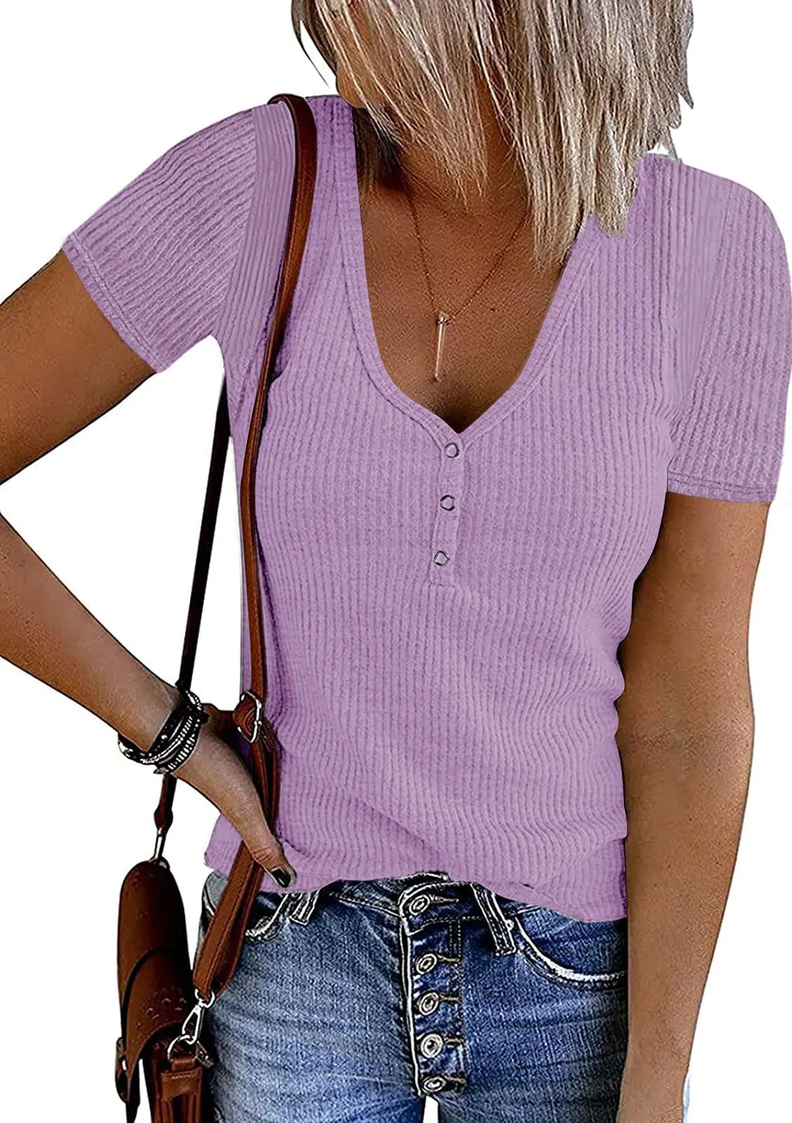 MEROKEETY Short Sleeve V Neck Ribbed Button Top