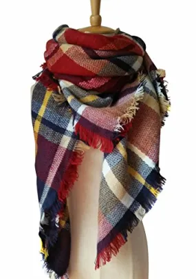 MOTINE Tartan Blanket Scarf Stylish Winter Warm Pashmina Wrap Shawl for Women (Burgundy)