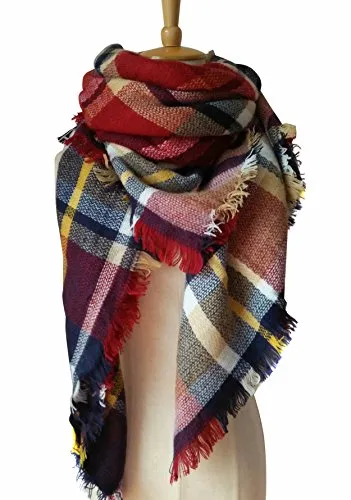 MOTINE Tartan Blanket Scarf Stylish Winter Warm Pashmina Wrap Shawl for Women (Burgundy)