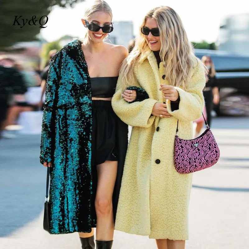 New Design Sequin Loose Straight Coat Autumn Winter Rear Slit Windbreaker Coat Women Fashion Week Overcoat