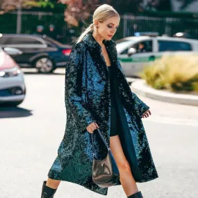 New Design Sequin Loose Straight Coat Autumn Winter Rear Slit Windbreaker Coat Women Fashion Week Overcoat